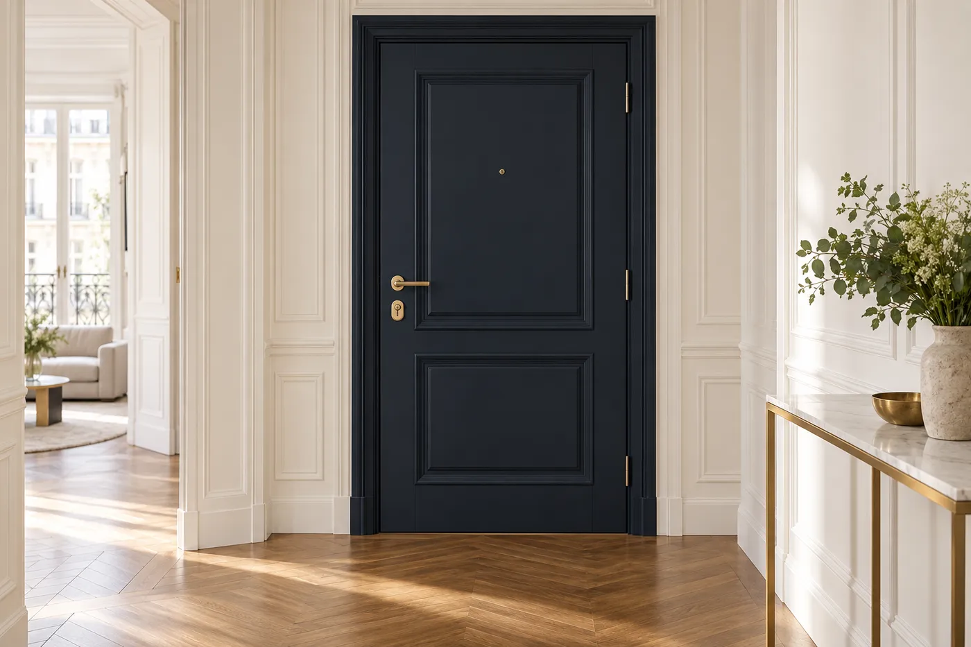 Porte d'entrée blindée à panneau mouluré, poignée laiton et protège-cylindre, dans un hall d'appartement à Saint-Cloud