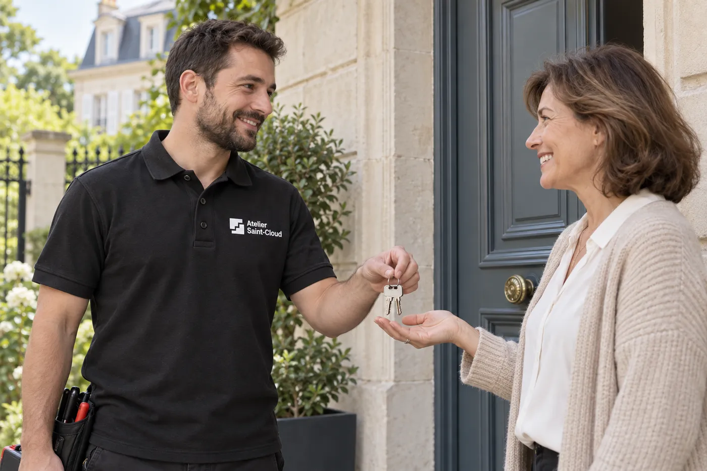 Serrurier en polo Atelier Saint-Cloud remettant des clés neuves à une cliente devant l'entrée d'une villa à Saint-Cloud